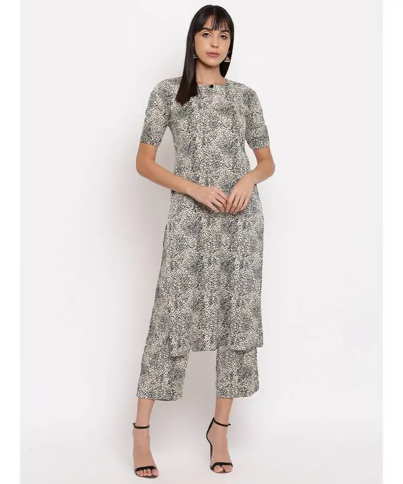 Crepe animal print kurti paired with matching trousers