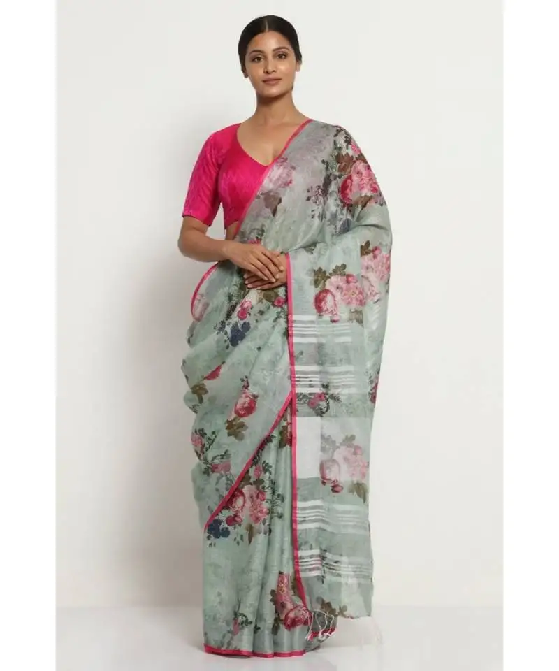 Grey floral print linen saree