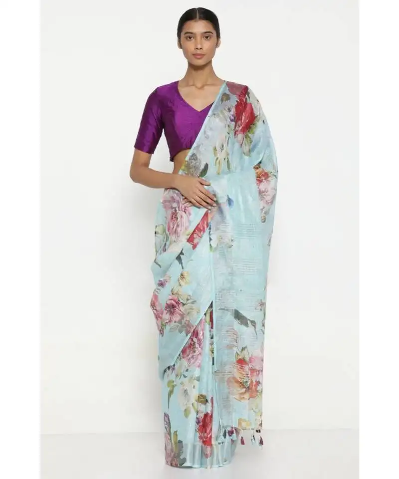 Turquoise floral print linen saree