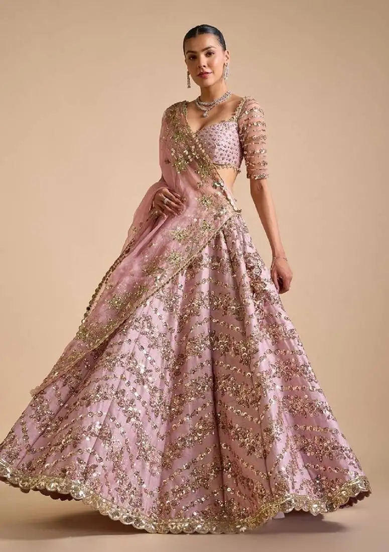 Beautiful pink colour chinon silk fabric multi thread and heavy sequins lehenga choli