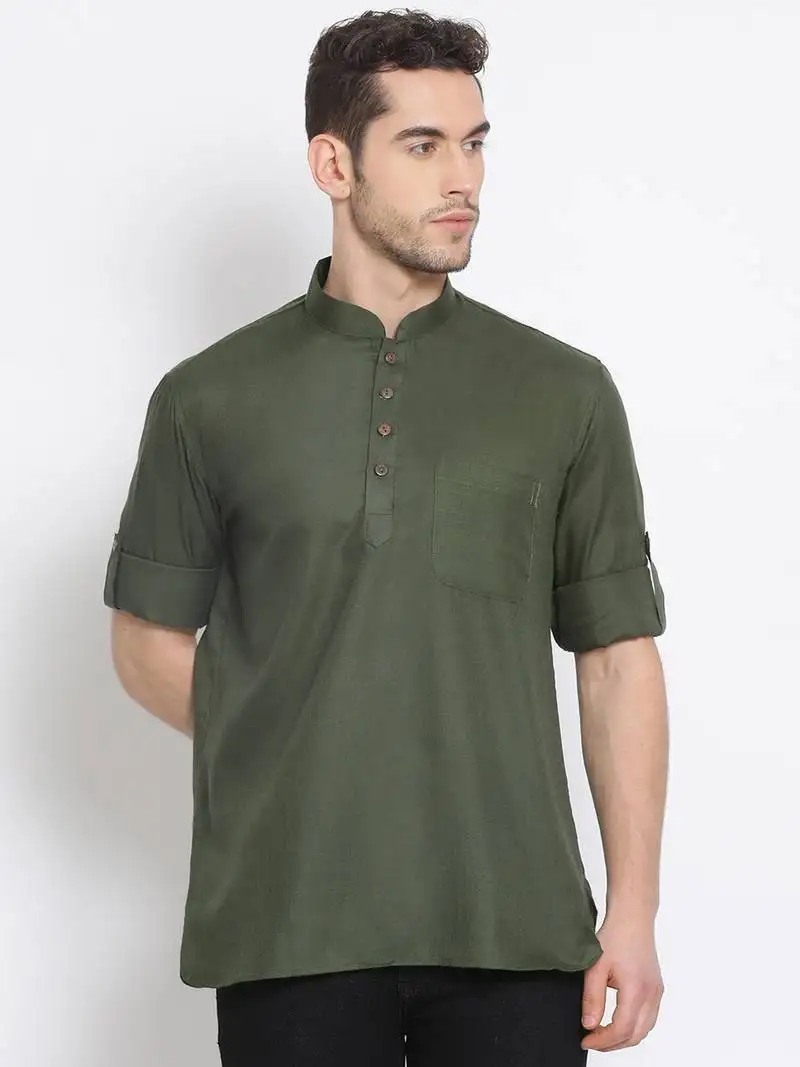 Men's cotton solid bottle green colour straight short kurta