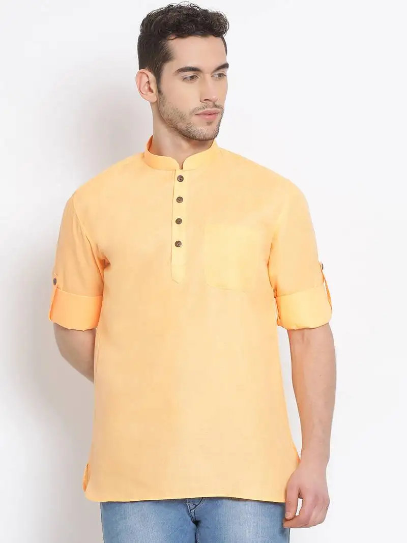 Men's cotton solid papaya colour straight short kurta