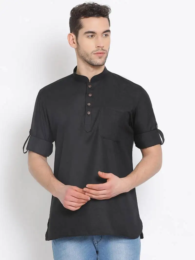 Men's cotton solid black colour straight short kurta