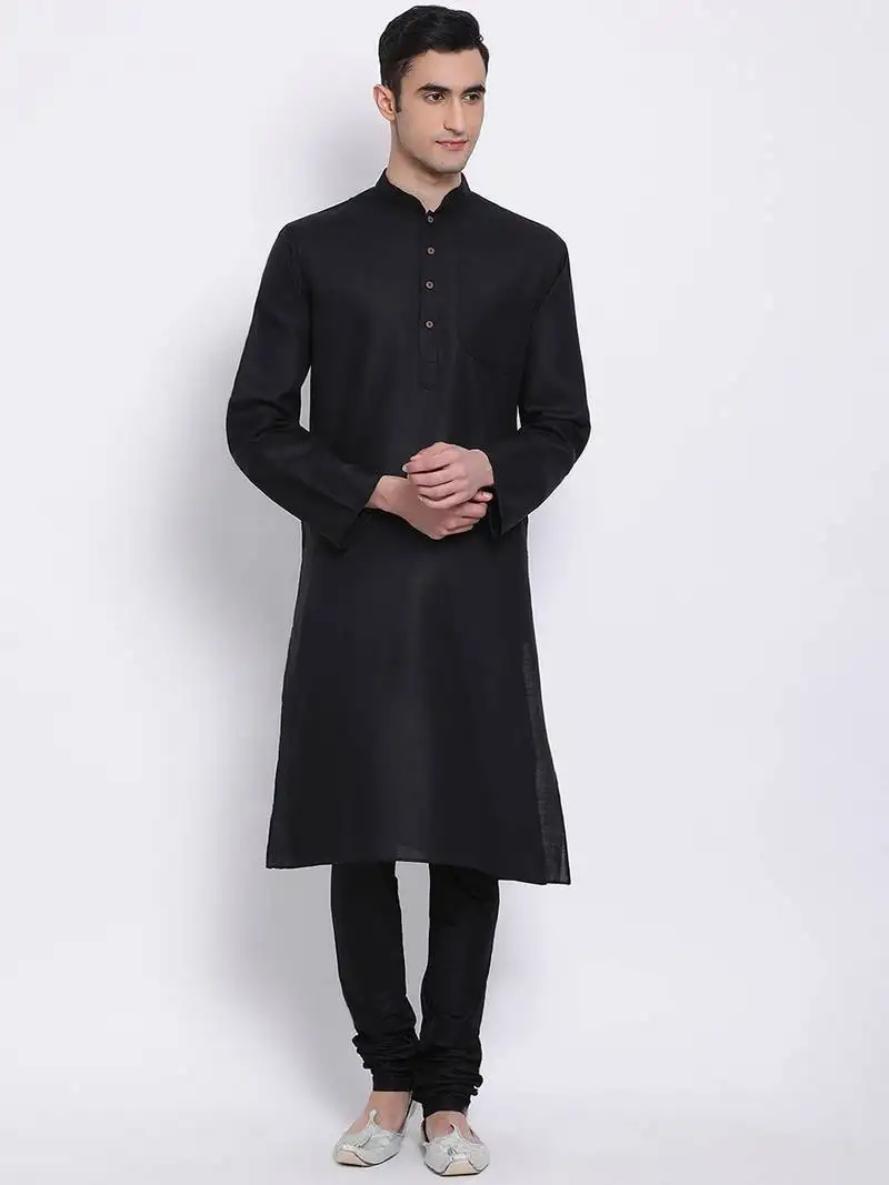 Men black solid cotton straight kurta with pyjama