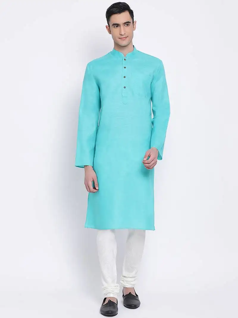 Men sea green & off white solid cotton straight kurta with pyjama