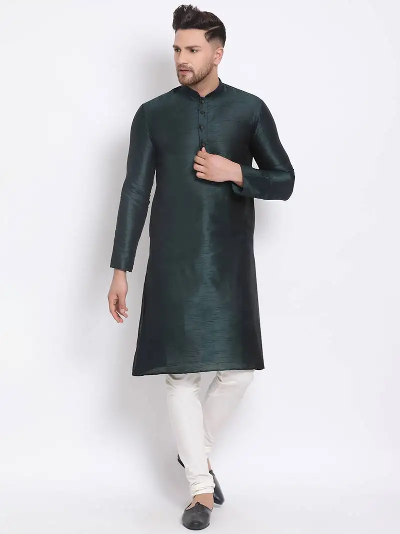 Men's art silk solid fourleaf green colour straight kurta with payjama