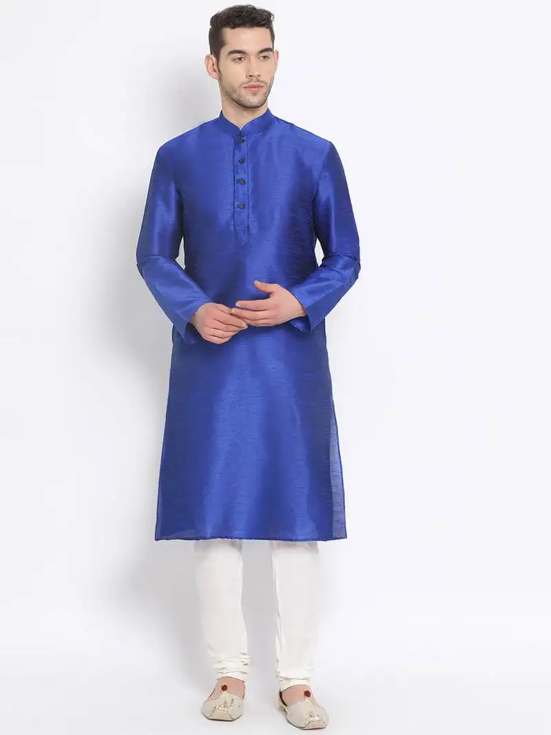 Men's art silk solid ink blue colour straight kurta with payjama