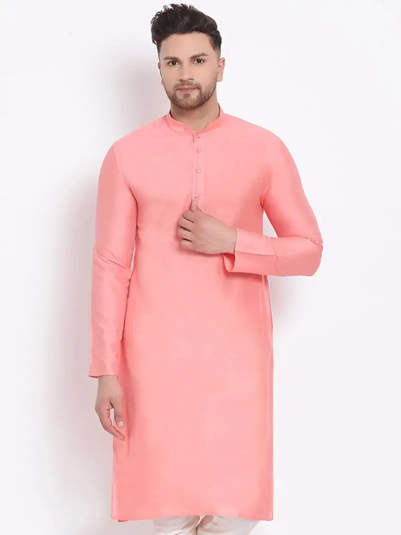 Men's cotton silk solid blush colour straight kurta