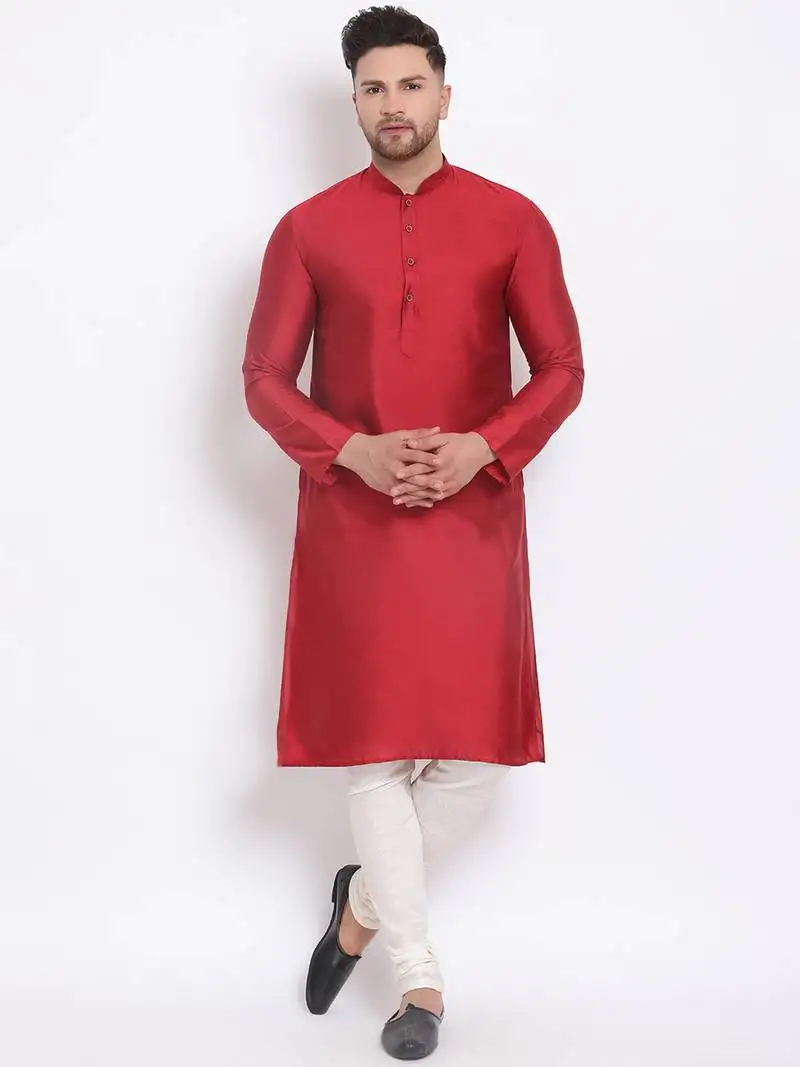 Men's cotton silk solid maroon colour straight kurta with payjama