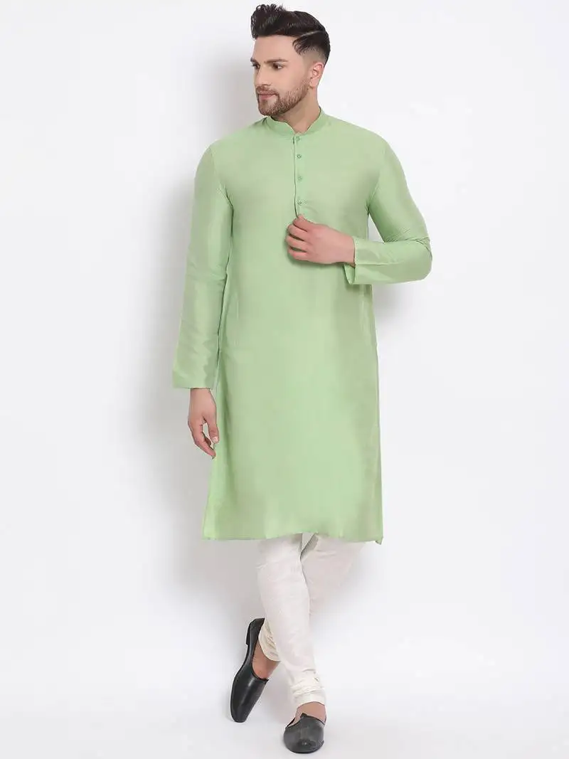 Men's cotton silk solid parrot green colour straight kurta with payjama
