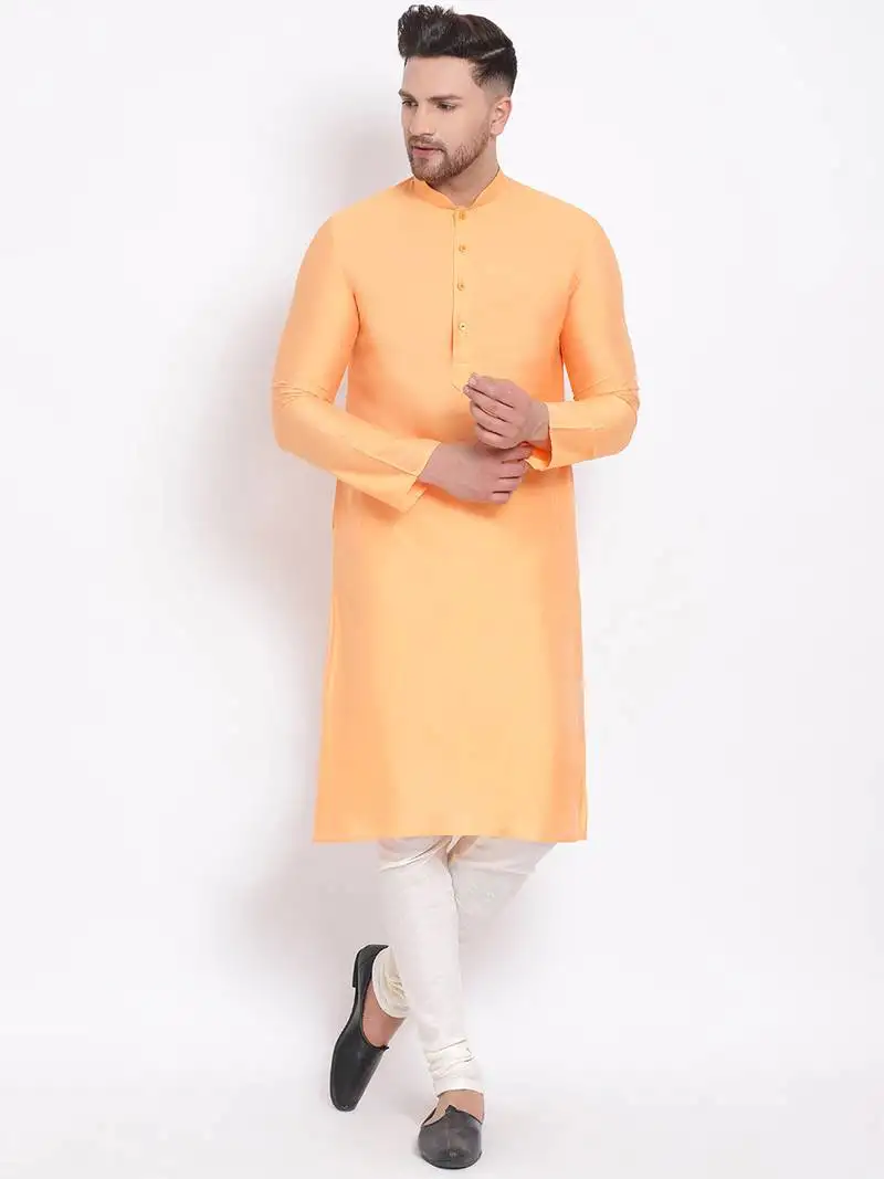 Men's cotton silk solid papaya colour straight kurta with payjama