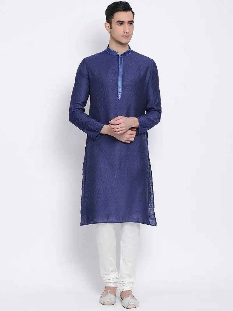 Men deep blue & white woven design straight kurta with pyjama