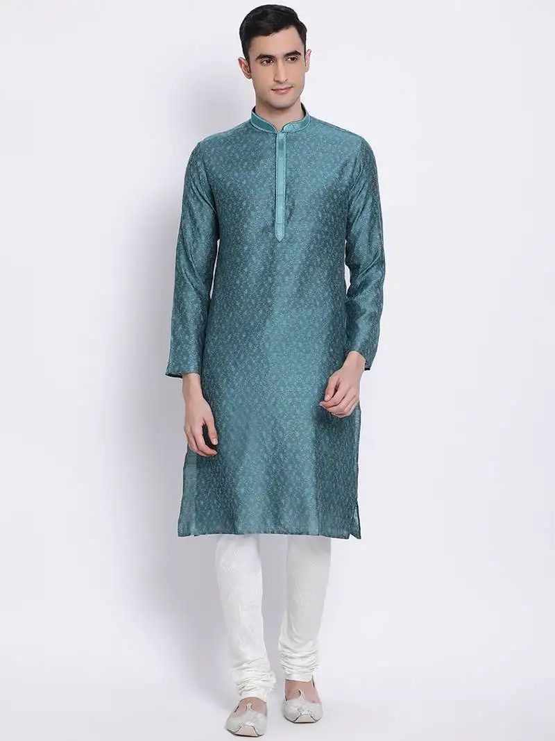 Men deep green & white woven design straight kurta with pyjama