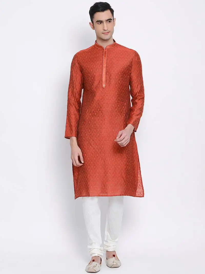 Men rust & white woven design straight kurta with pyjama