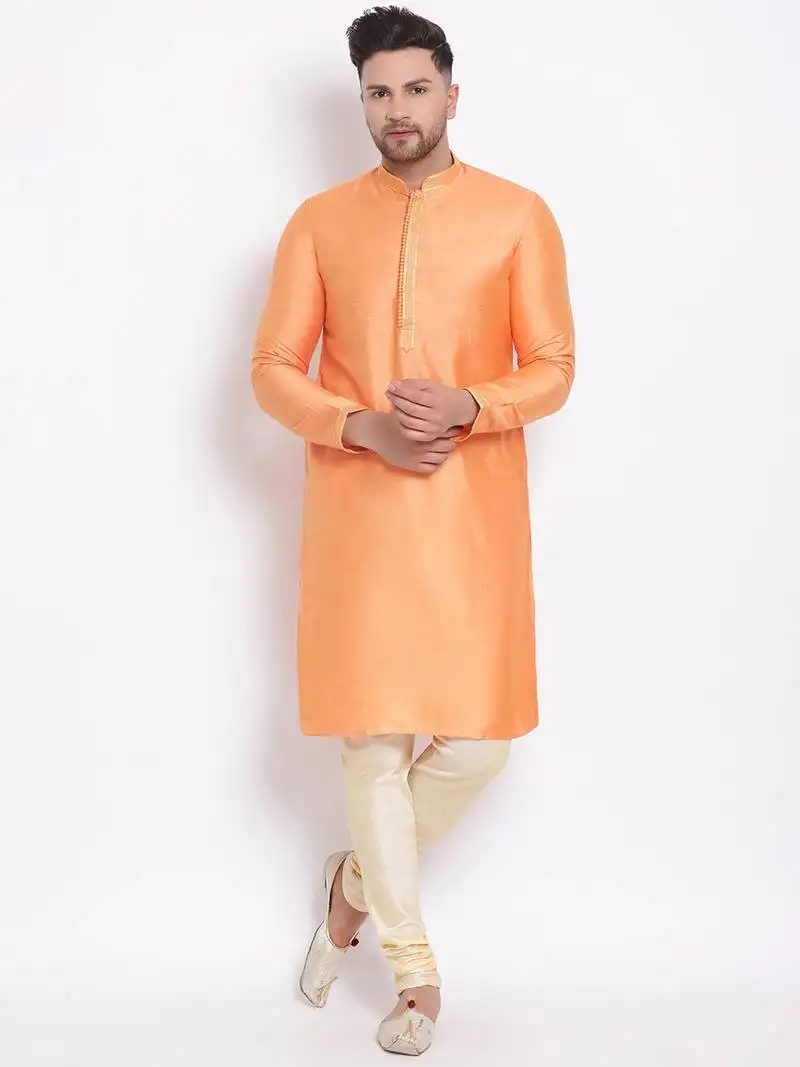 Men's art silk solid orange colour straight kurta with payjama