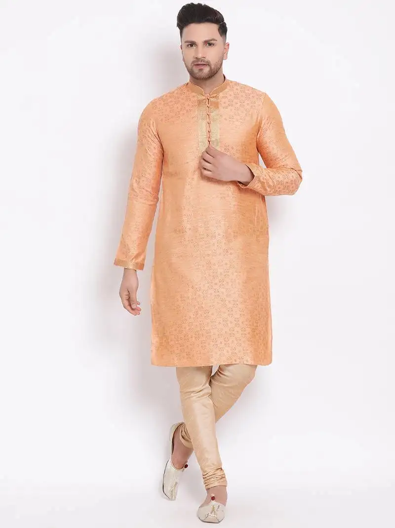 Men's art silk woven pattern tender peach colour straight kurta with payjama