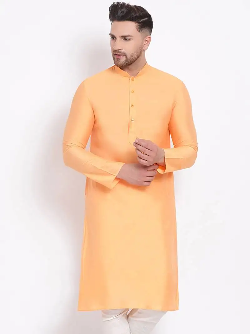 Men's cotton silk solid papaya colour straight kurta