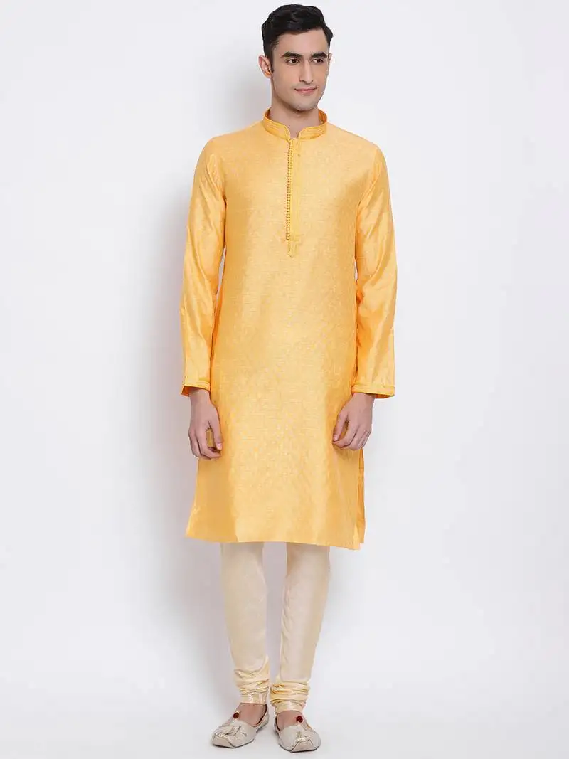 Men orange & beige woven design straight kurta with pyjama