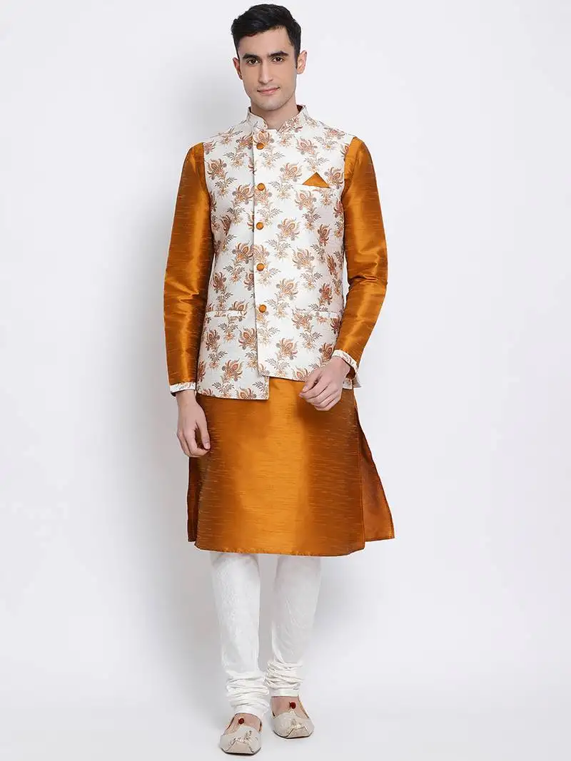 Men's orange plain kurta with off-white nehru jacket and off white pyjama set