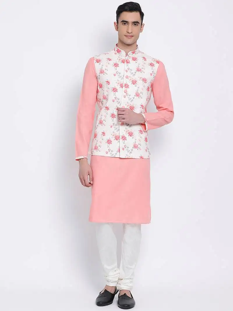 Men's light pink plain kurta with light pink nehru jacket and white pyjama set