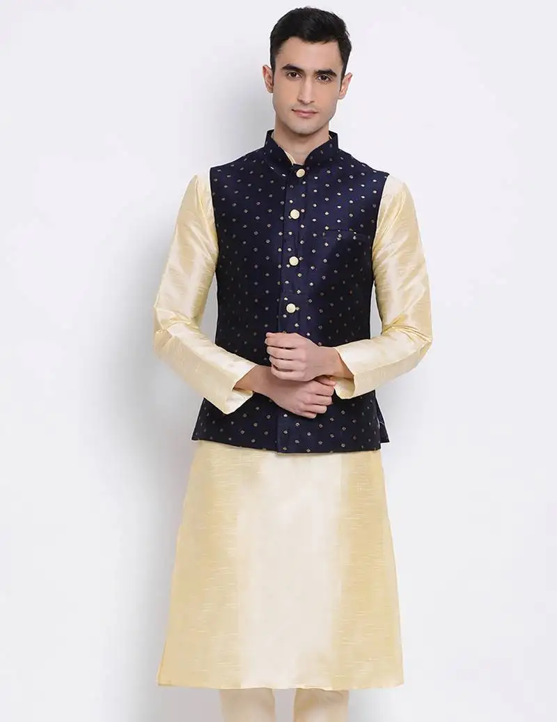 Men's beige plain kurta with blue nehru jacket
