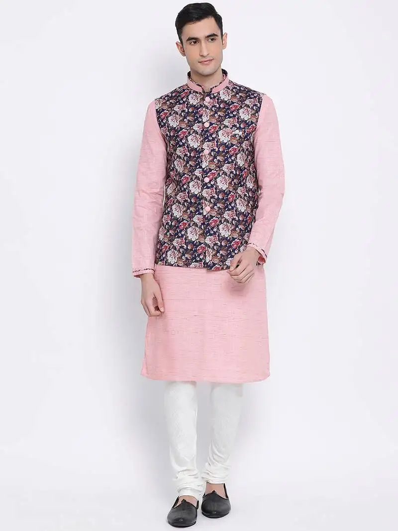 Men's pink plain kurta with pink nehru jacket and white pyjama set