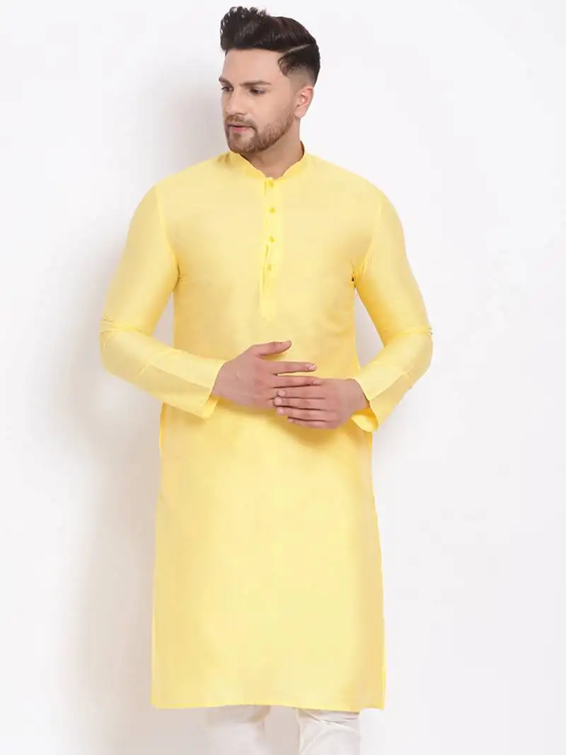 Men's cotton silk solid lemon colour straight kurta