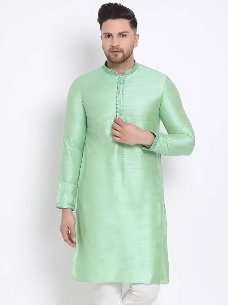 Men's art silk solid pista green colour straight short kurta