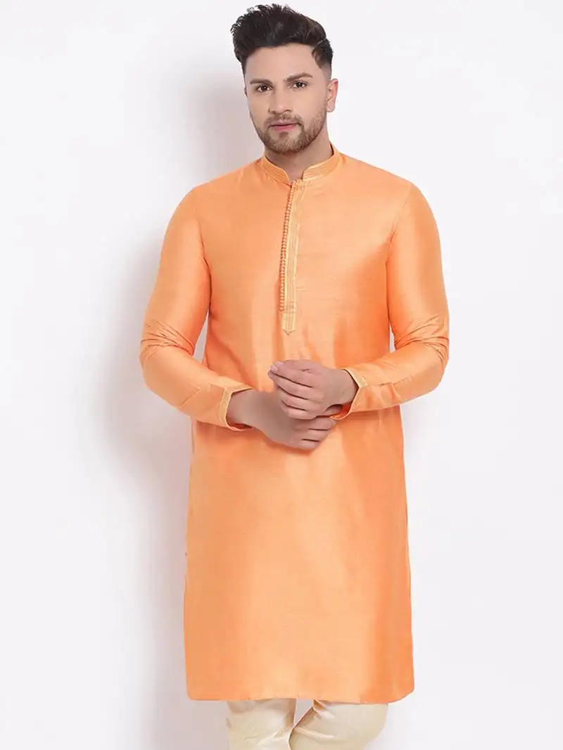 Men's art silk solid orange colour straight short kurta