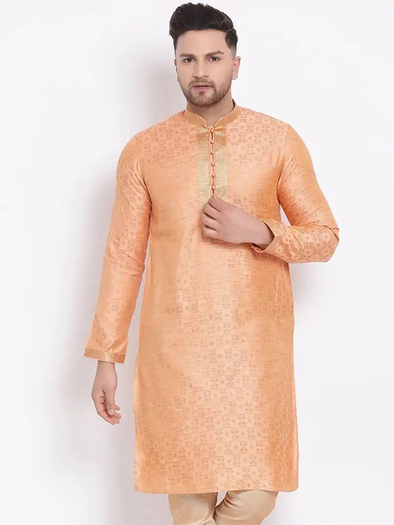 Men's art silk woven pattern tender peach colour straight short kurta