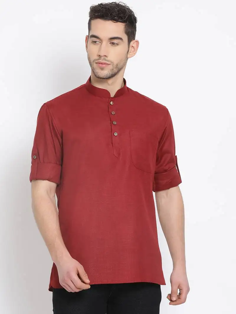 Men's cotton solid maroon colour straight short kurta