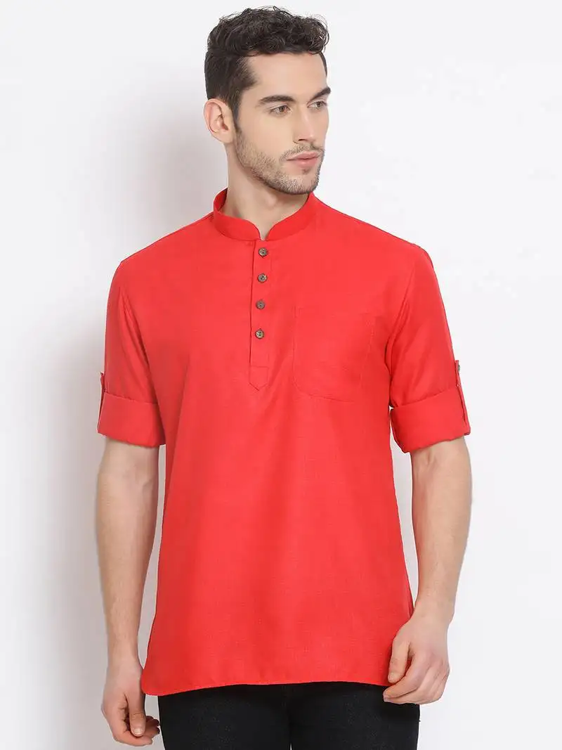 Men's cotton solid tomato red colour straight short kurta