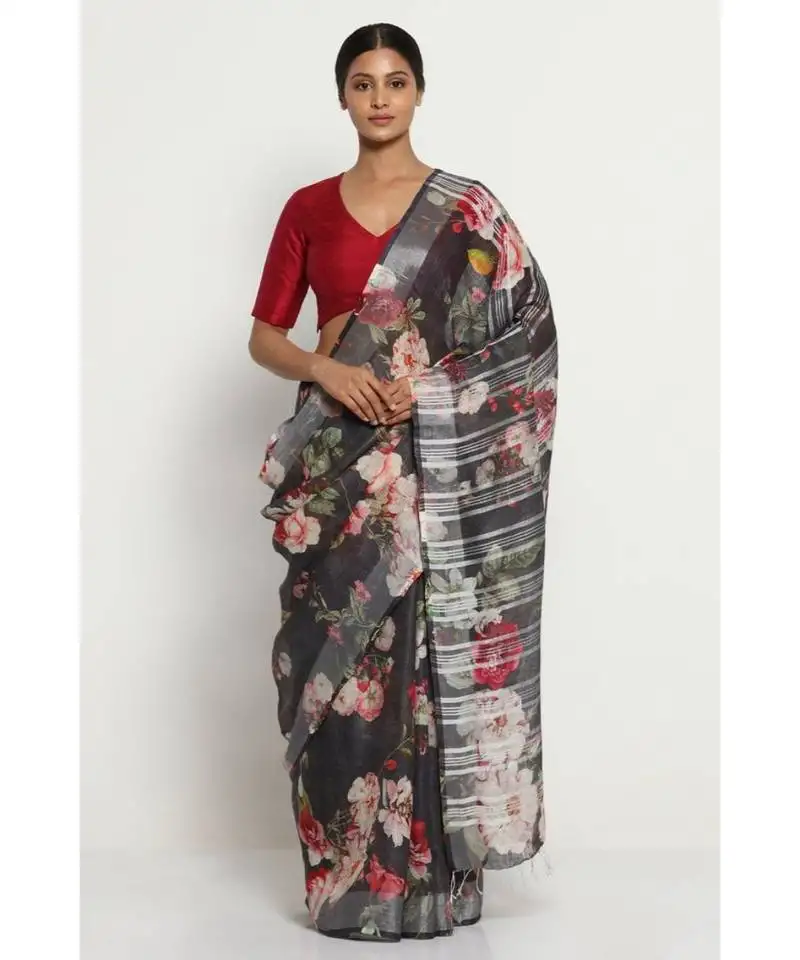 Black floral print linen saree