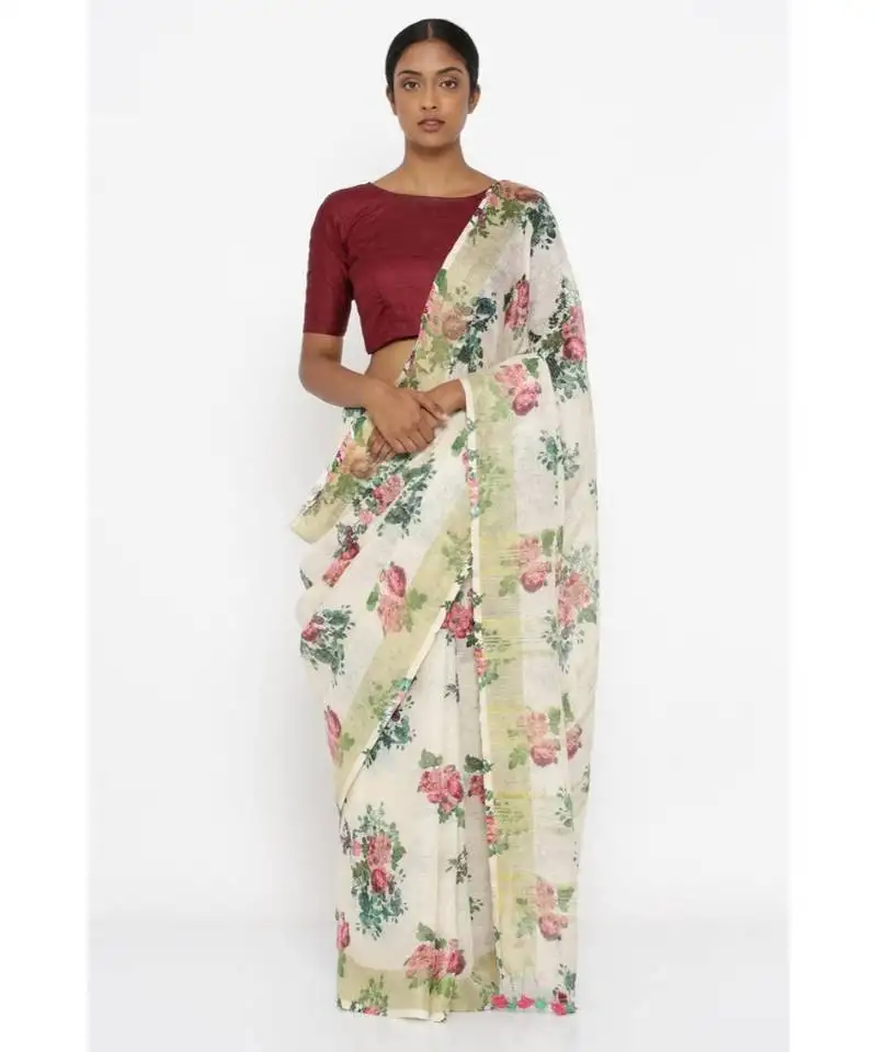 White floral print linen saree