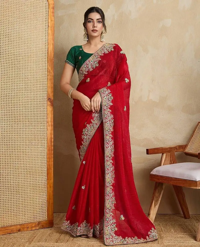 Red party wear soft fendy tissue saree
