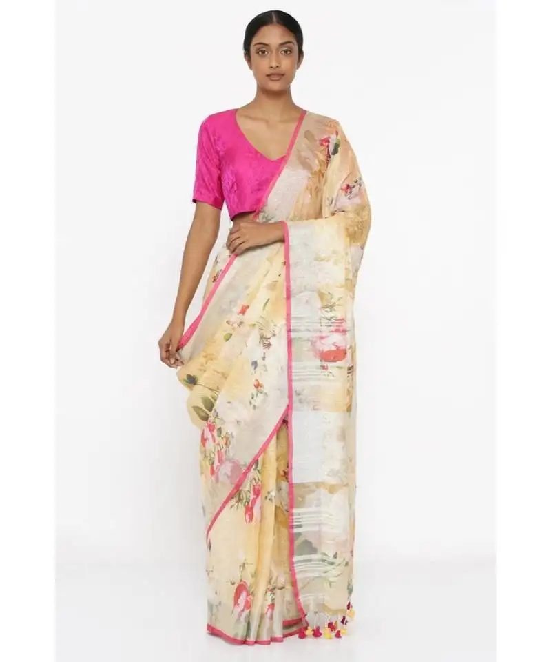 Yellow floral print linen saree