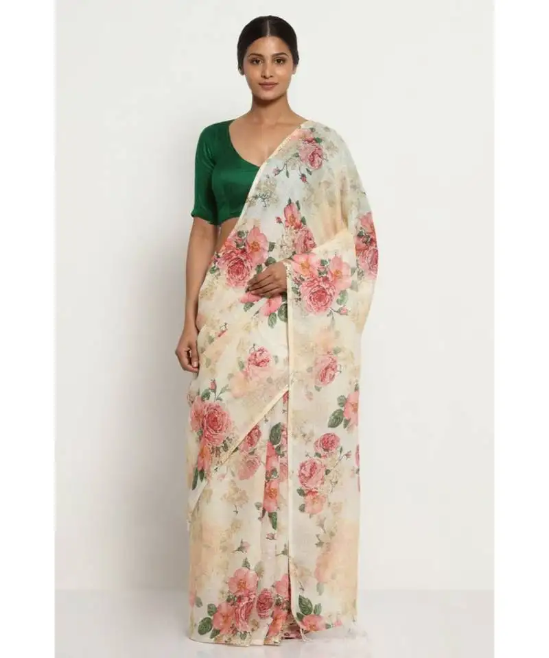 Cream floral print linen saree