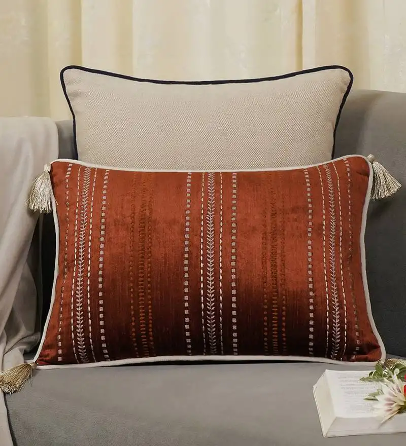 Embroidered sham cushion cover: luxury tassel throw pillow, 14x20