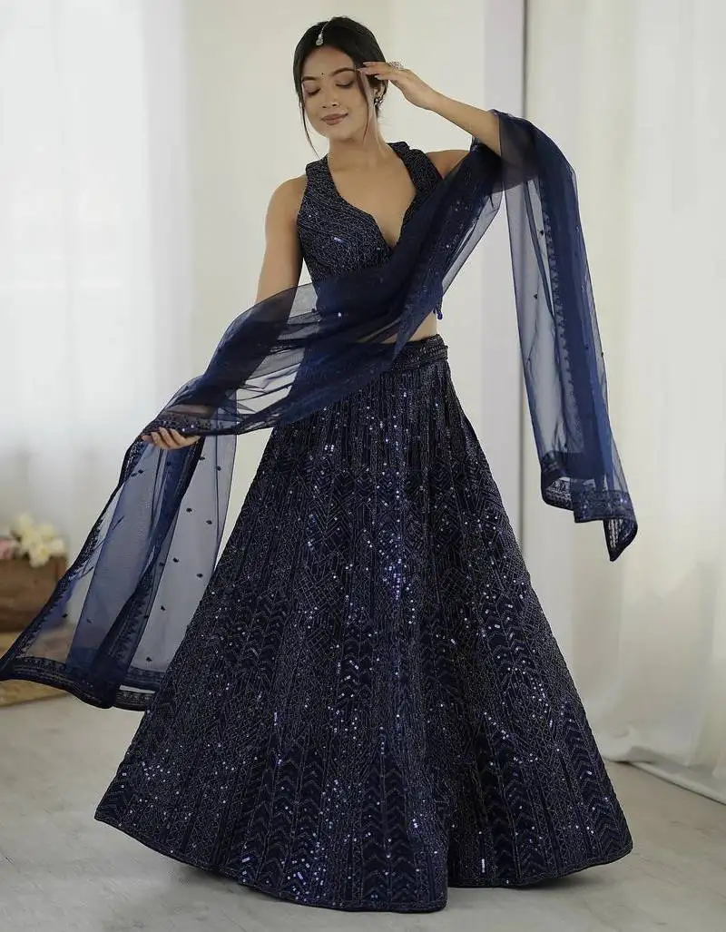 Blue net sequins and dori work semi stitch lehenga choli