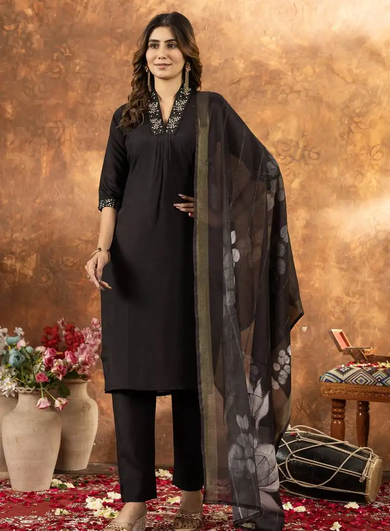 Black designer straight kurti pant dupatta set with embroidery and hand work