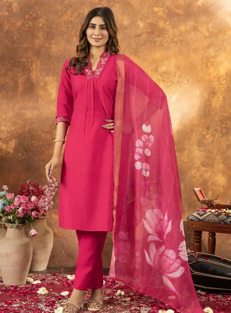 Pink designer straight kurti pant dupatta set with embroidery and hand work