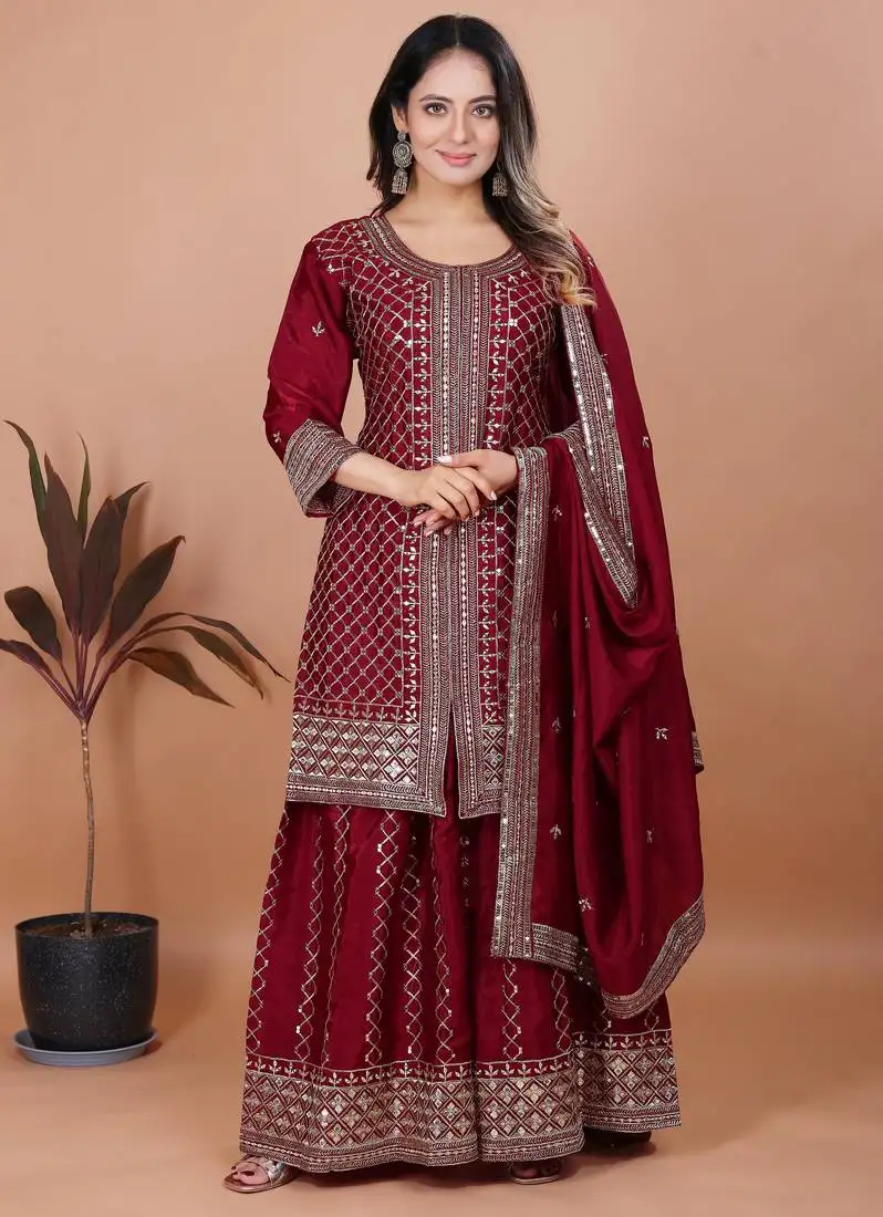 Maroon chinon silk party wear sharara suit set stitched