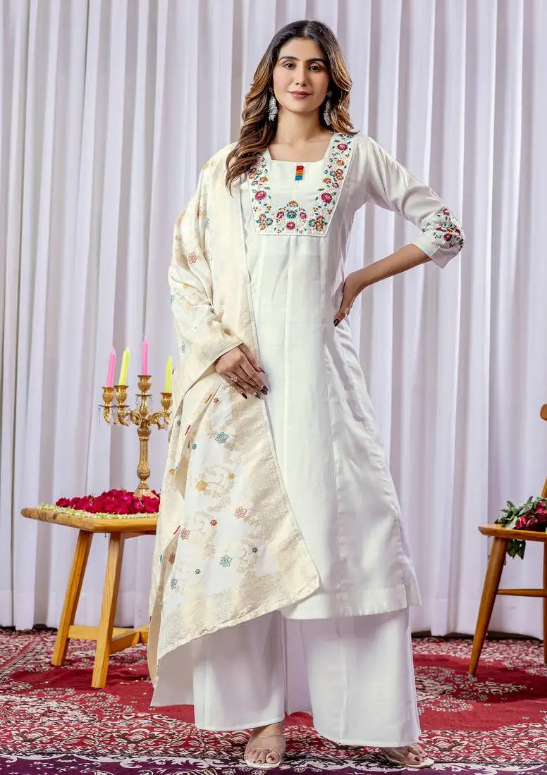White designer straight kurti plazza dupatta set with embroidery and hand work