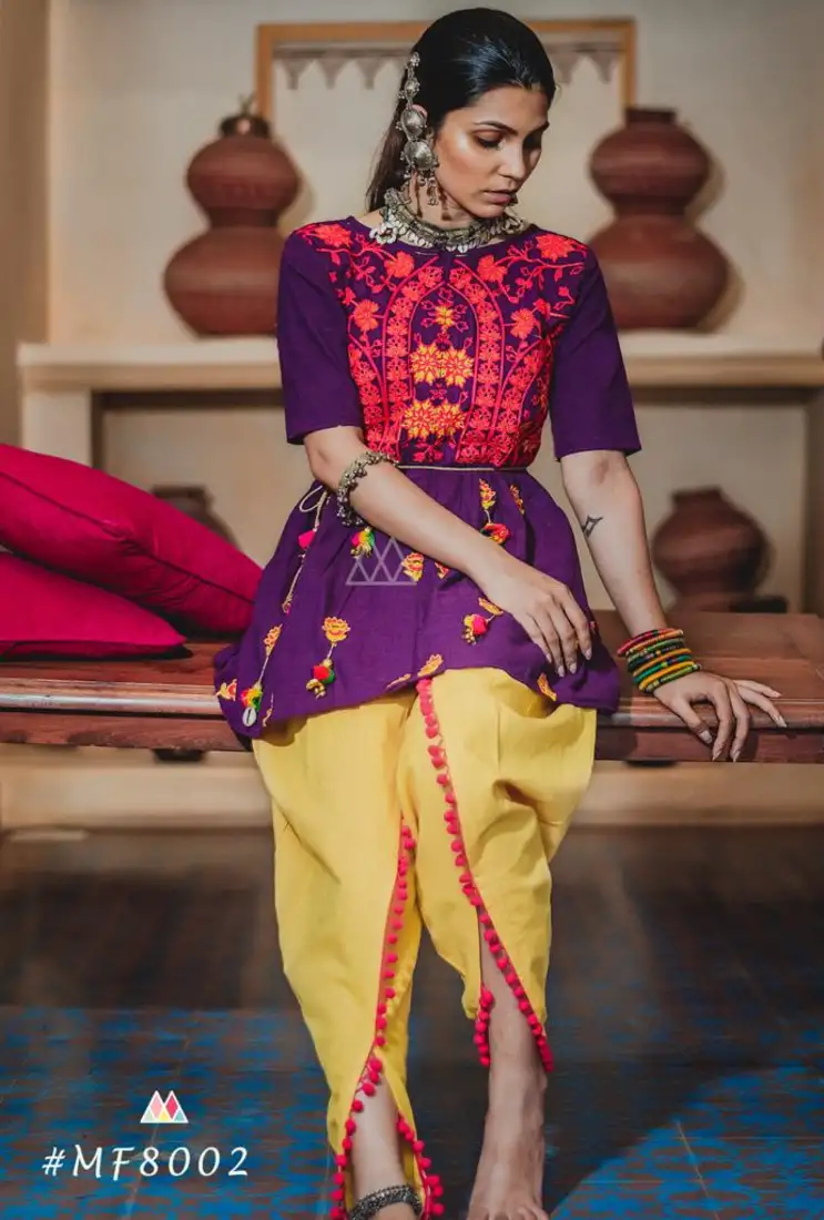 Grey cotton floral block print angrakha style anarkali kurti pant dupatta set stitched