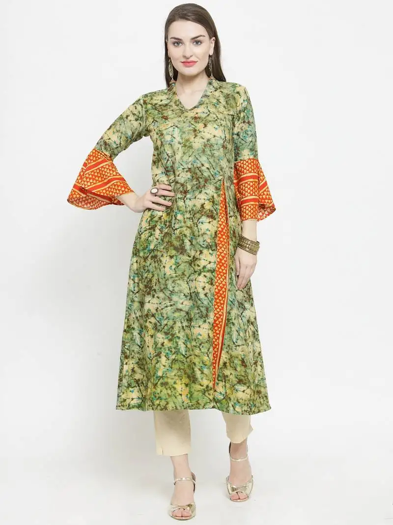 Indibelle olive rayon printed a-line kurta with ankle length trouser