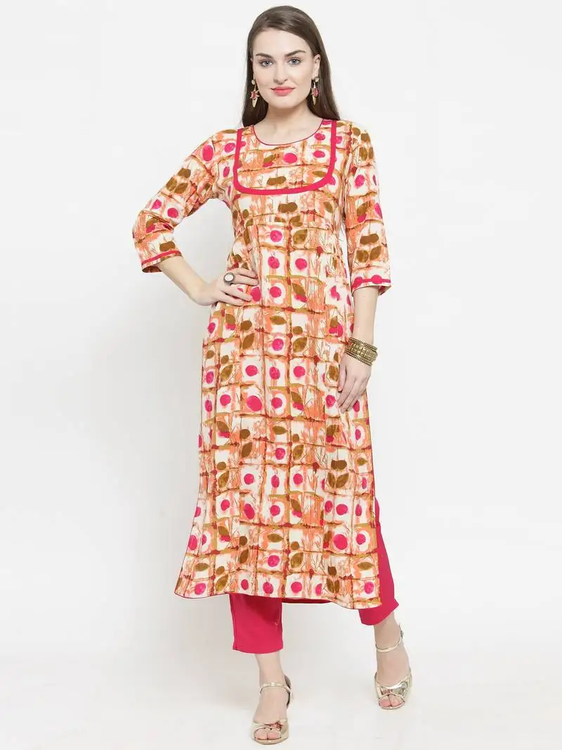 Indibelle pink rayon printed straight kurta with ankle length trouser