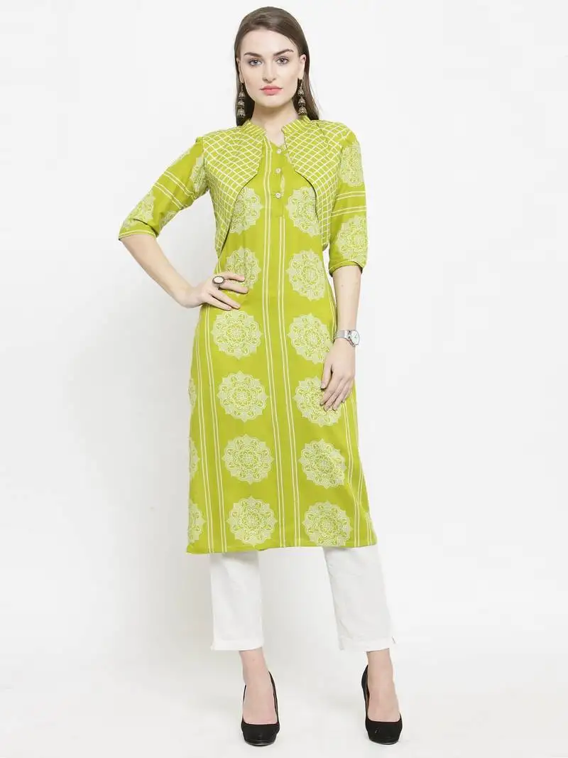 Indibelle lemon green rayon straight kurta with jacket with ankle length trouser