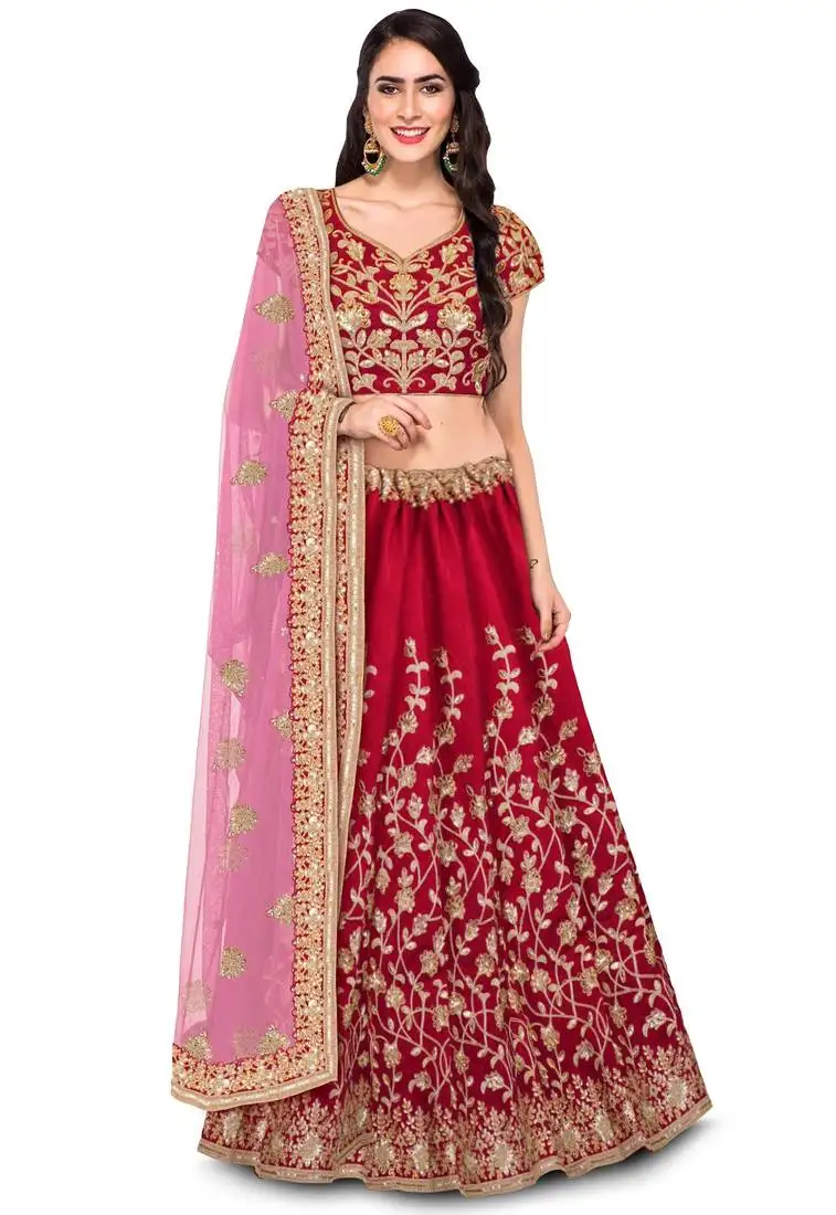 Maroon dori badla and sequins embroidered raw silk semi stitched lehenga choli