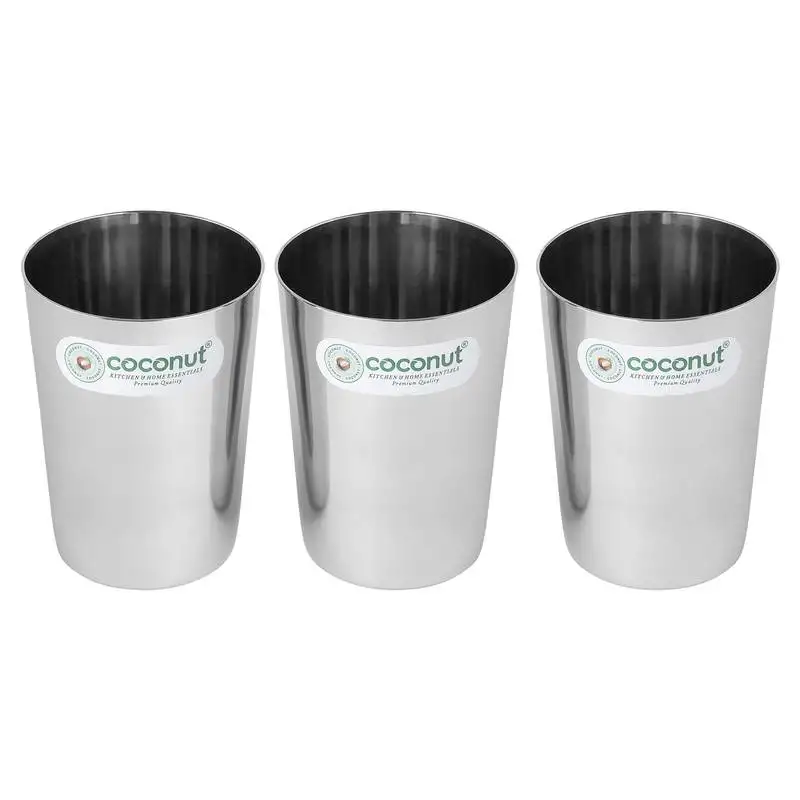 Coconut stainless steel b7 amitabh water glasses - set of 3 (200 ml each glass)