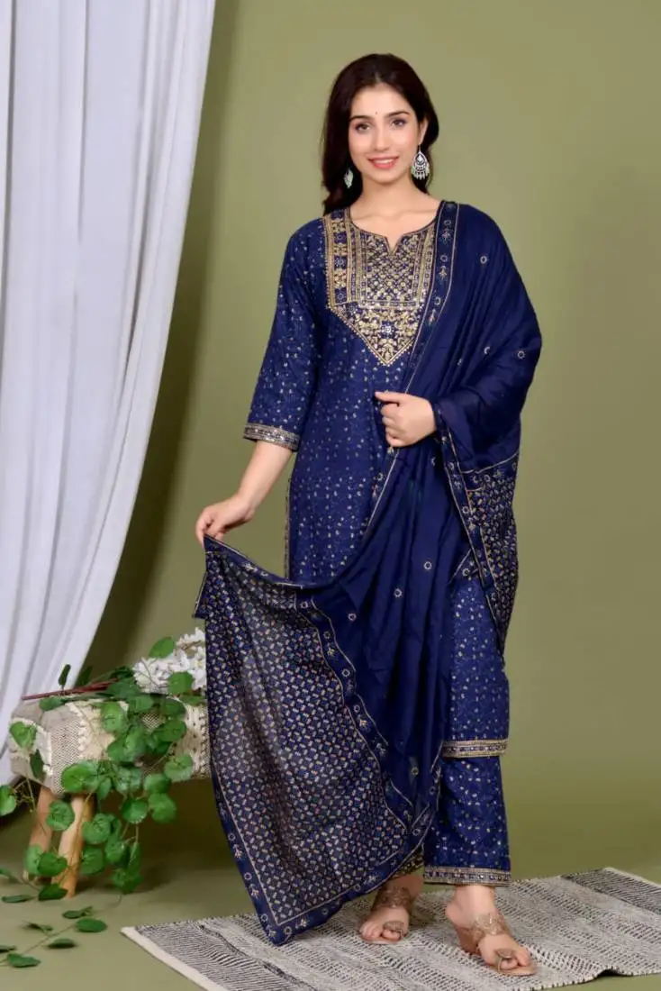 Blue embroidered kurti pant set stitched